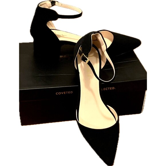 Lulu's Black Suede Low Heel Pumps Ankle Strap LUCINDA 7 M Covered Toe Shoes - Picture 1 of 2